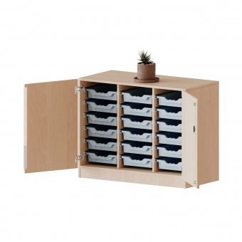 ErgoTray Schrank, 3reihig, 2 OH, zweitürig, fahrbar, mit 18 flachen Boxen, B/H/T 104,5x82x50cm 